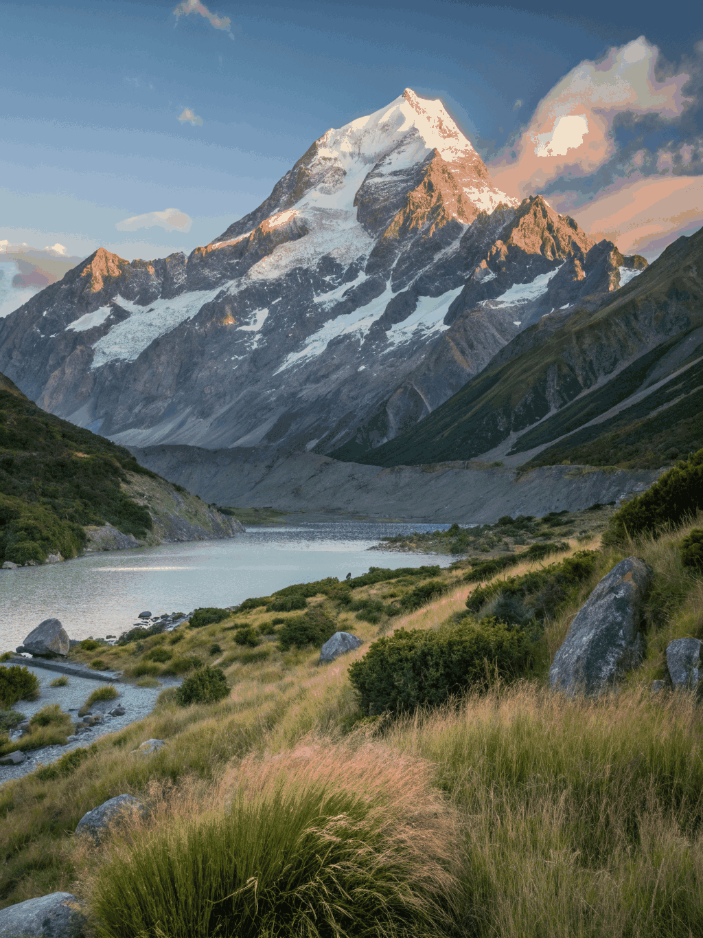 Snow-covered ridge and blue crevasse lines on Mount Cook summit ridge