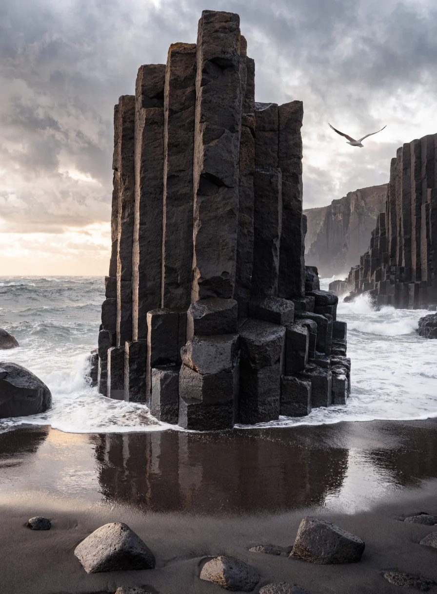 Dark volcanic basalt ocean column enveloped by arctic sea spray