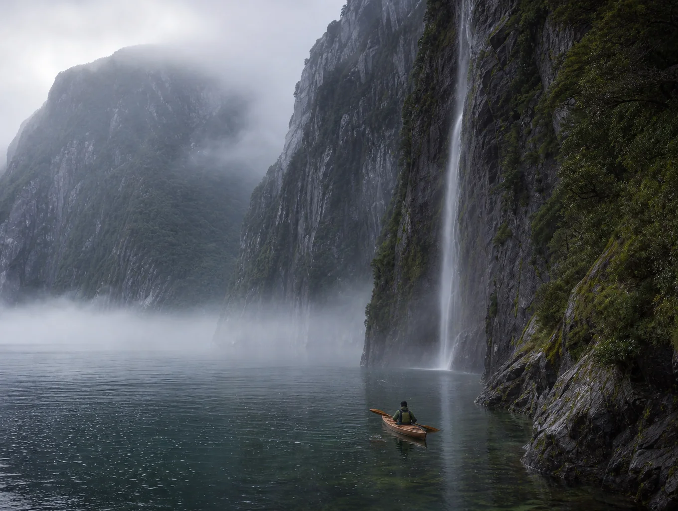 Dramatic precipitous rainforest walls plunging into calm fjord waters wrapped in mist