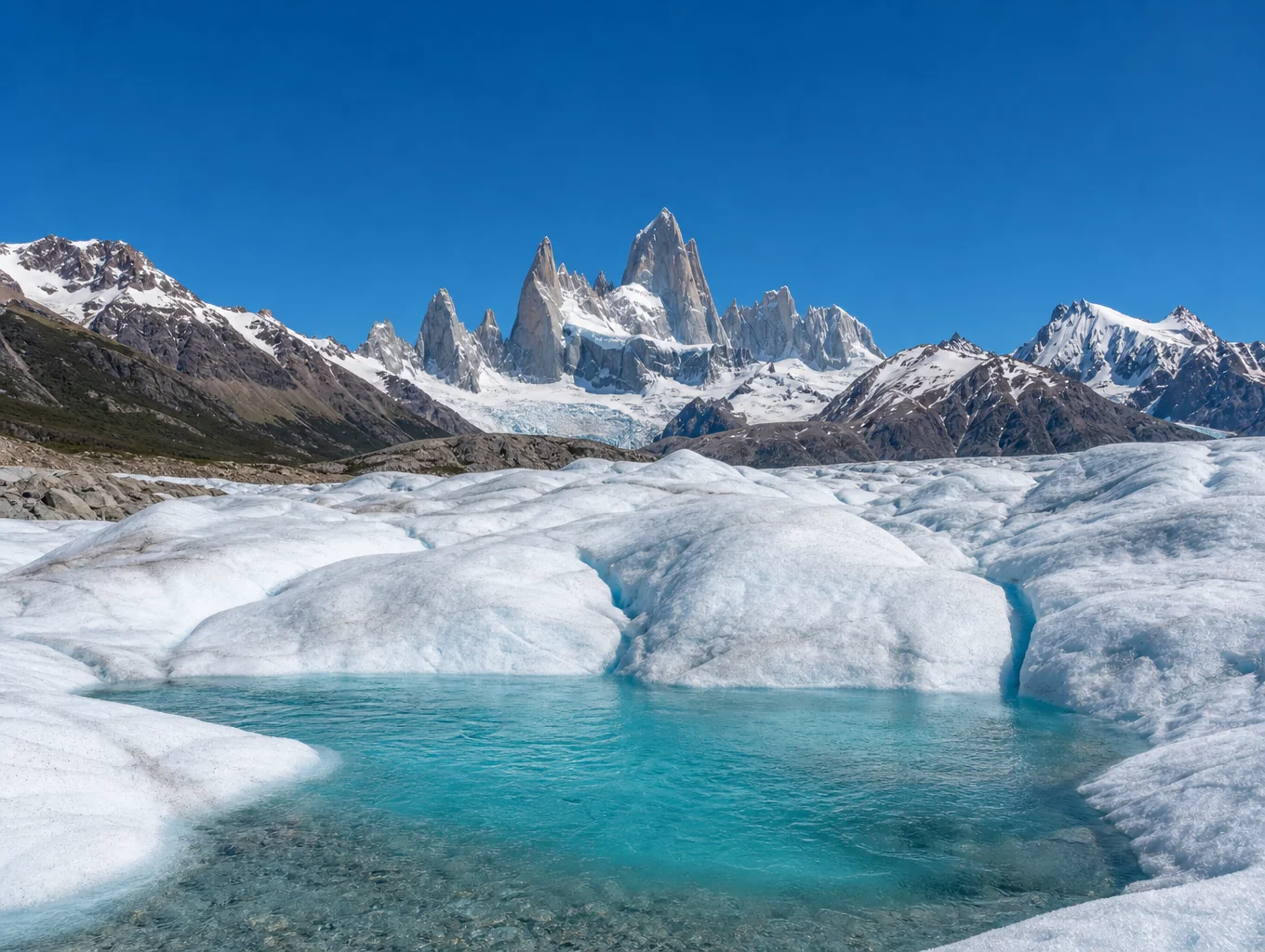 Towering deep cobalt blue seracs of glacial ice towering over Lago Argentino